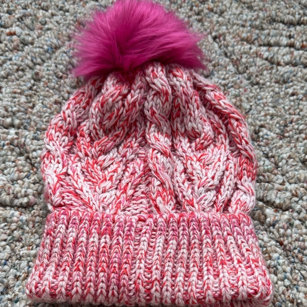 Gap Kids Pink and White Knit Beanie with Pom Pom